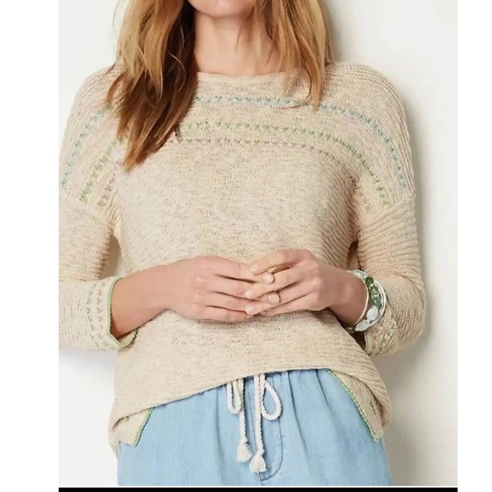 J Jill Oatmeal Beachy Knit Embroidered Cotton Blend Sweater L Petite‎